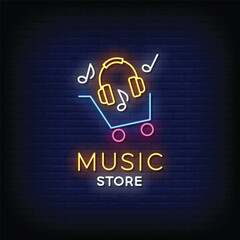 Neon Sign music store with brick wall background vector