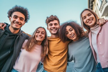 Multiracial group of friends having fun together outdoors on city street- Young cheerful people walking hugging outside- Next gen z lifestyle concept-Smiling student enjoying vacation. Generative AI