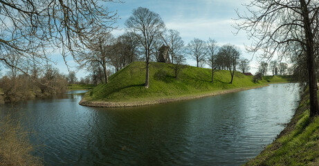 Kastelet, pentagonal start fort in Copenhagen with restored moat, ramparts, ravelin, bridge over the moat