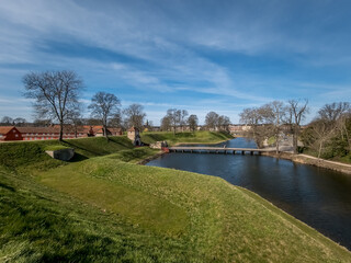 Kastelet, pentagonal start fort in Copenhagen with restored moat, ramparts, ravelin, bridge over the moat