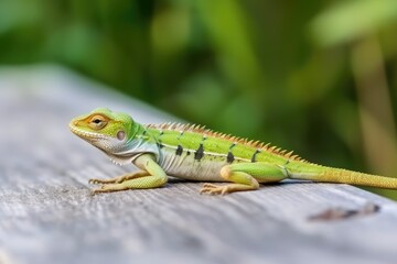 Fototapeta premium green lizard perched on a wooden table Generative AI