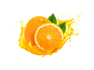orange with splash isolated on white background,orange Juice photo retouching