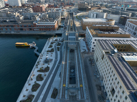 Aerial view of modern metro subway above ground end station at Orientkaj with double tracks