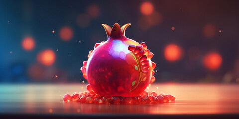 A beautiful whimsical pomegranate with sparkles and beautiful light on the background. Fruity background for Jewish New Year. Rosh Hashanah concept.