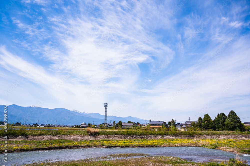 Poster 春の奈良井川と山岳風景