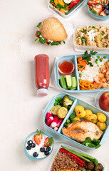 Restaurant healthy food delivery in take away boxes for daily nutrition on white background.