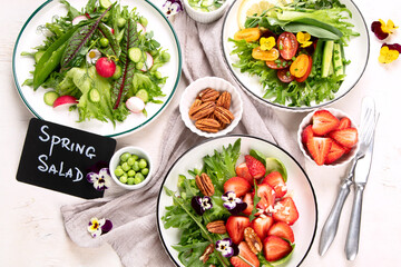 Various of spring vegetable salads. Tasty healthy food.