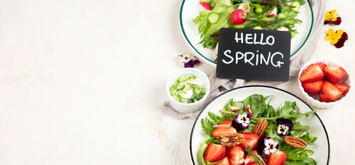 Various of spring vegetable salads. Tasty healthy food.