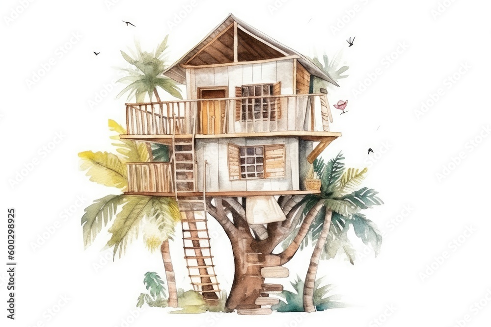 Poster cozy tree house painted in watercolors Generative AI