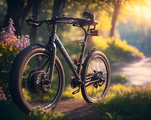 Fototapeta na wymiar Illustration Bicycle in the Nature High Quality AI, KL Image Warm Sunlight and Flowers 