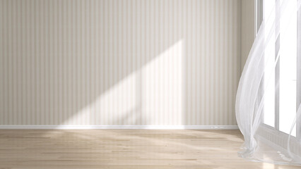 Blowing white sheer curtain, window, sunlight on blank vertical beige brown stripe wallpaper wall,...