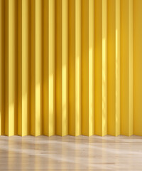 Modern bright vibrant yellow corrugated wall, brown wood parquet floor in sunlight, shadow for interior design decoration, luxury beauty, fashion, cosmetic, skincare product display background 3D