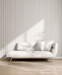 Modern white cushion linen day bed sofa, wooden leg, pillow, pendant light in sunlight, leaf shadow on beige brown vertical stripe wallpaper wall, parquet floor for interior design background 3D