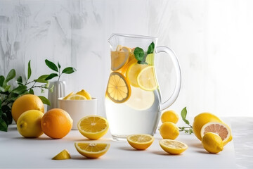 Full jug of pure water with lemon slices and mint on white kitchen background. Ai generated.