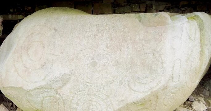 A 4K shot of 3200 BC Neolithic stone carvings  at Knowth Newgrange Louth Ireland