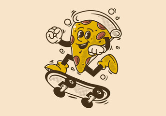 Mascot character design of slice pizza jumping on skateboard