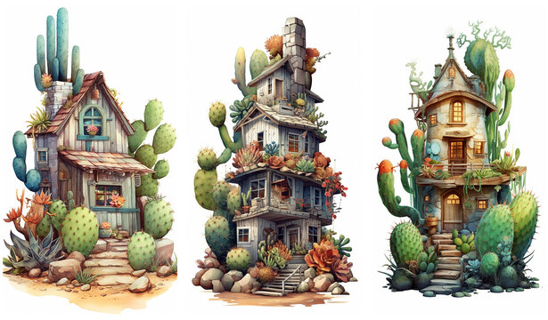 Watercolour fantasy succulent houses. Greeting cards and envelopes artwork project 3.