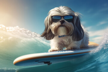Stylish Wave Rider: Cute Shih Tzu Dog Rides the Waves with Sunglasses - Generative AI