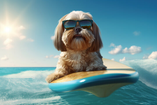 Sun-Drenched Shih Tzu Adventure: Happy Dog Masters Surfing Fun in Style - Generative AI