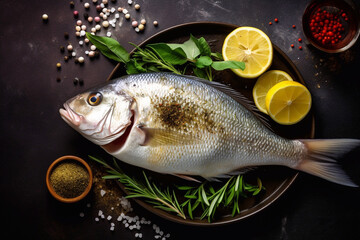 Fototapeta na wymiar Fish with vegetables, herbs, lemon and spices. AI Generated