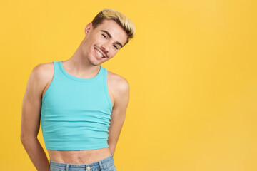 Caucasian handsome gay man smiling at camera