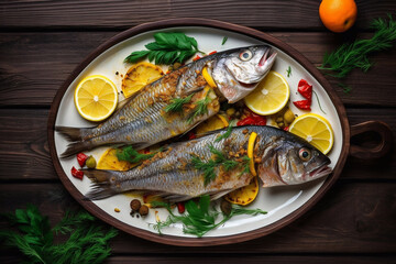 Fish with vegetables, herbs, lemon and spices. AI Generated