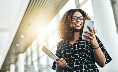 Business, smile and black woman with a smartphone, typing and connection in the workplace. Female person, employee and consultant with a cellphone, check schedule and search internet for information