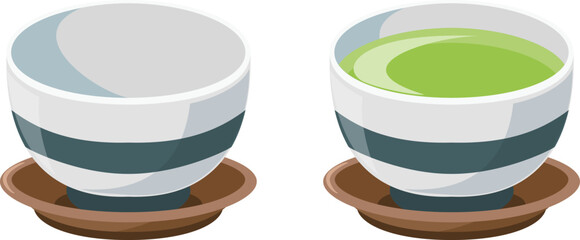 日本の湯呑とお茶が入っている湯呑　アイコンセット