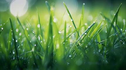 Fototapeta premium Image of green grass with a dew drops, bright clear light blur green nature bokeh on blacground. Generative Ai