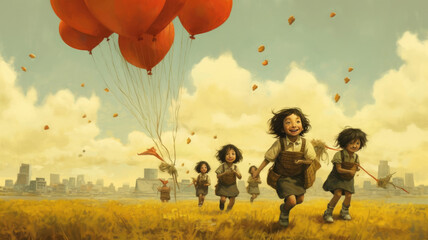 Childrens Day. A painting of children running in a field with balloons.