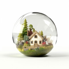 Fairy house and forest in a glass ball on a white background