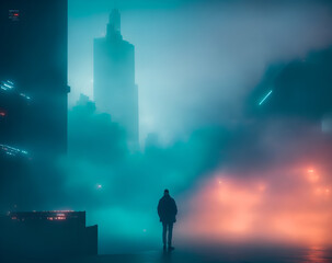Fototapeta na wymiar stadtbild mit Nebel Person von hinten Wolkenkratzer Ai generiert
