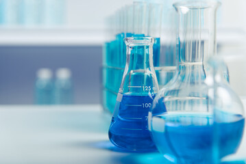 experimental bottle , test tube glass equipment in lab , science research and development concept