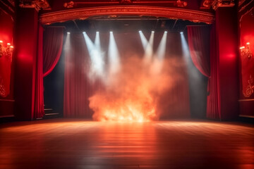 Magic theater stage red curtain, spotlight