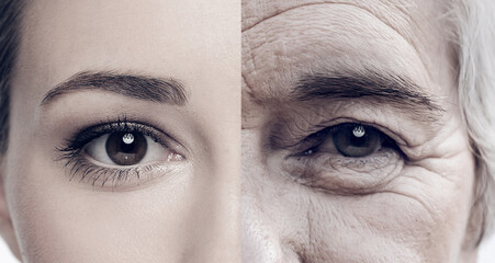 Portrait, half and women faces in studio for skincare, wrinkles and anti aging care. Face, eyes and...