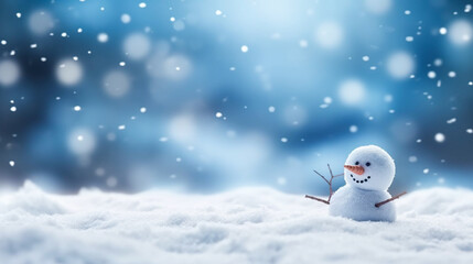 Obraz premium Snow man and white clear Snow piles on the ground and falling snow with a blue and white blurred background. Generative Ai