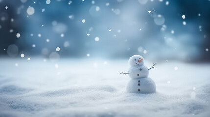 Snow man and white clear Snow piles on the ground and falling snow with a blue and white blurred background. Generative Ai