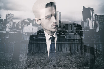 Business man portrait, city double exposure and employee with monochrome and art deco overlay....