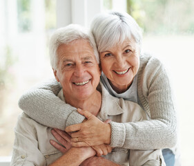 Portrait, smile and senior couple with love, hug and romance with retirement, relationship and...