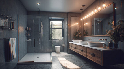 Modern hotel bathroom or toilet background for product display montage. Generative Ai