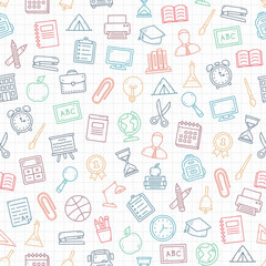 Square seamless pattern with handdrawn colored school icons on paper background