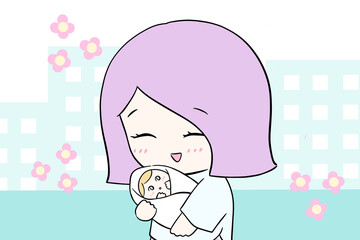 赤ちゃんを抱っこするお母さん　育児　シングルマザー　イラスト　手描き　