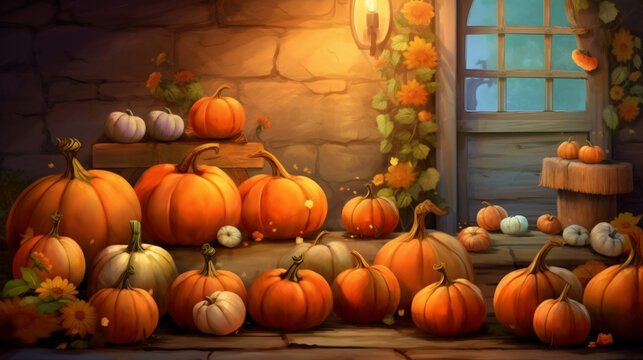 An illustration of many orange pumpkins on rustic background. Autumn holidays and halloween background.
