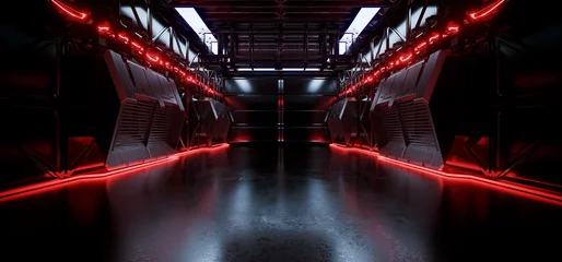 Alien Spaceship Sci Fi Futuristic Modern Metal Panels Detailed Tunnel Corridor Glossy Dark White Red Led Vibrant Lights Stage Showroom 3D Rendering © IM_VISUALS