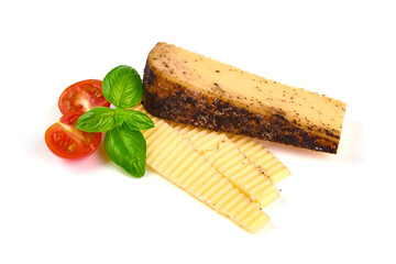 Aged hard Italian sheep cheese black pecorino, isolated on white background.