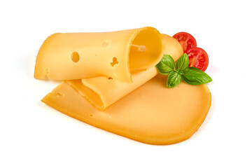 Gouda cheese slices, isolated on white background.