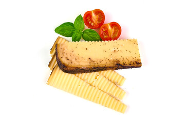 Cheese with pepper, pecorino formaggio pepato stagionato, isolated on white background.