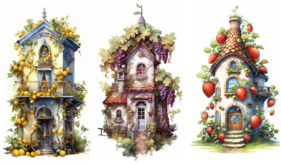 Obraz premium Watercolour fantasy fruit houses. Greeting cards and envelopes artwork project.