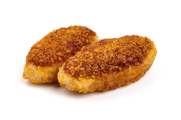 Fried cutlets in bread crumbs, isolated on the white background