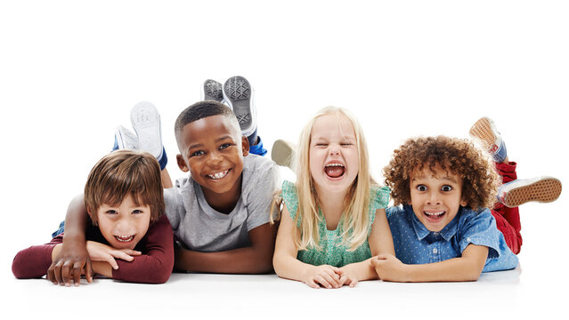 Naklejki Diversity, portrait of happy children and smiling together in a white background. Happiness or excited, group of friends and multiracial kids and faces have fun, laugh and lay on a isolated studio